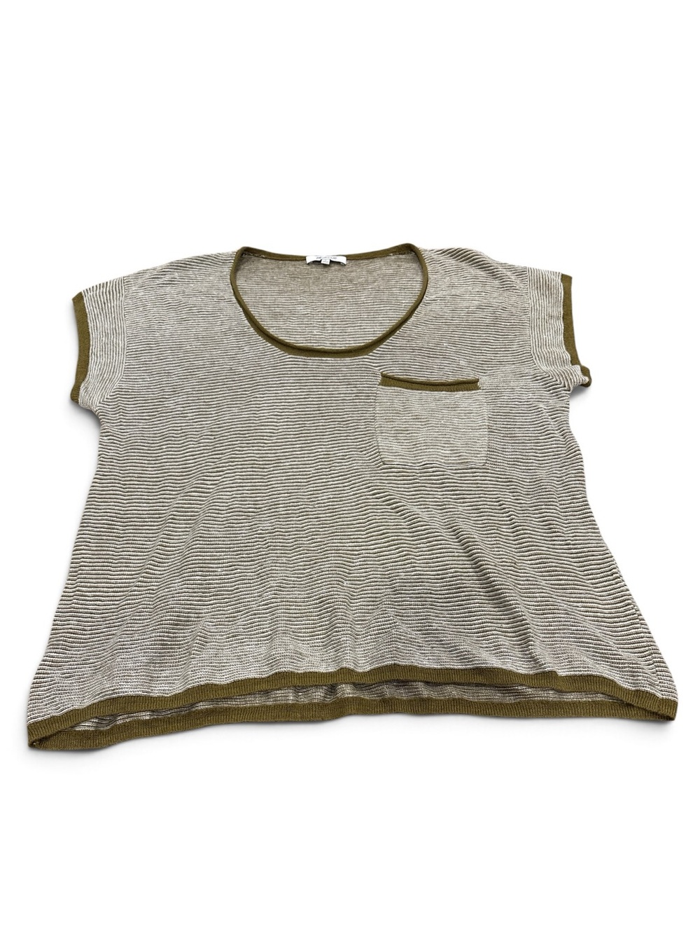 Madewell Watermoor Casual Striped Short Sleeve Sweater Pocket Tee Olive Trim Med
